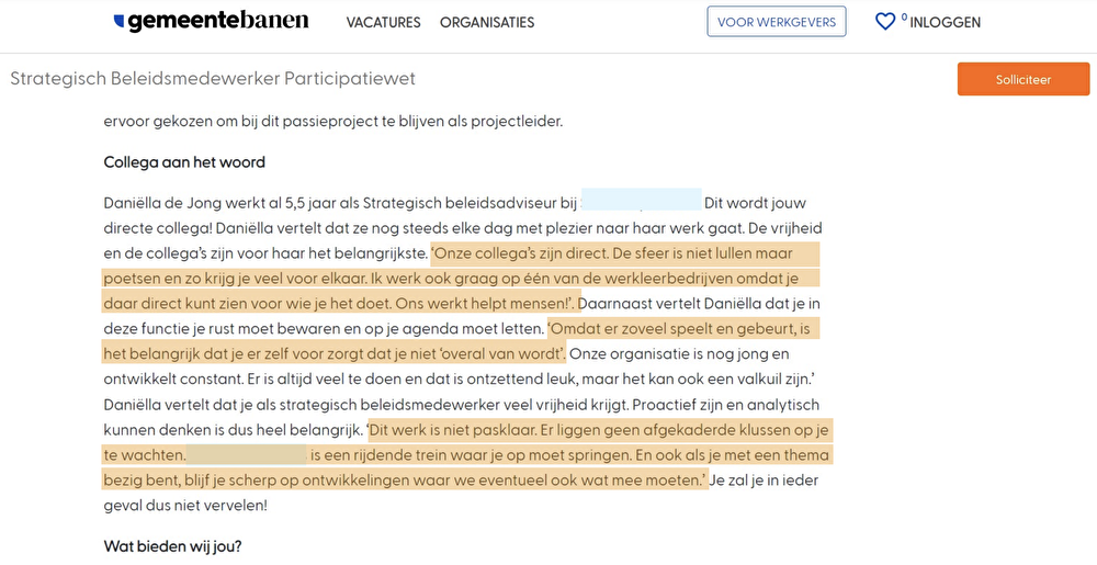 Voorbeeld van sociale bewijskracht in een vacature op Gemeentebanen.nl